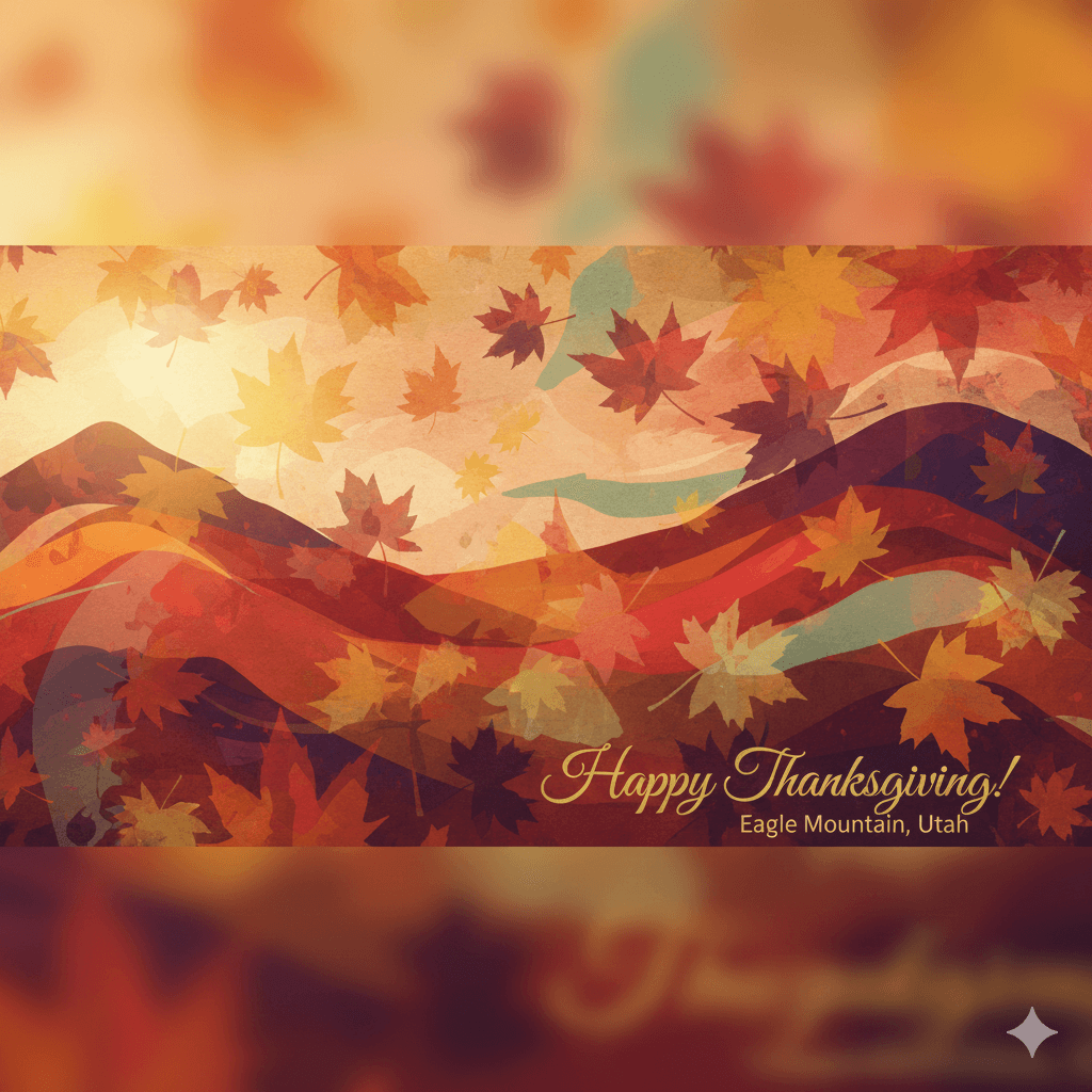 Abstract background in warm Thanksgiving colors (orange, red, gold) featuring autumn leaves and subtle, stylized mountain shapes representing Eagle Mountain, Utah.