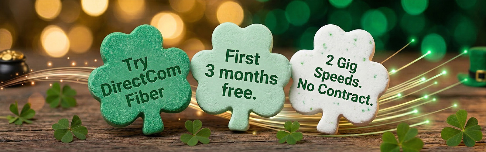 DirectCom Fiber St. Patrick’s Day promotion highlighting free first three months and high-speed internet plans