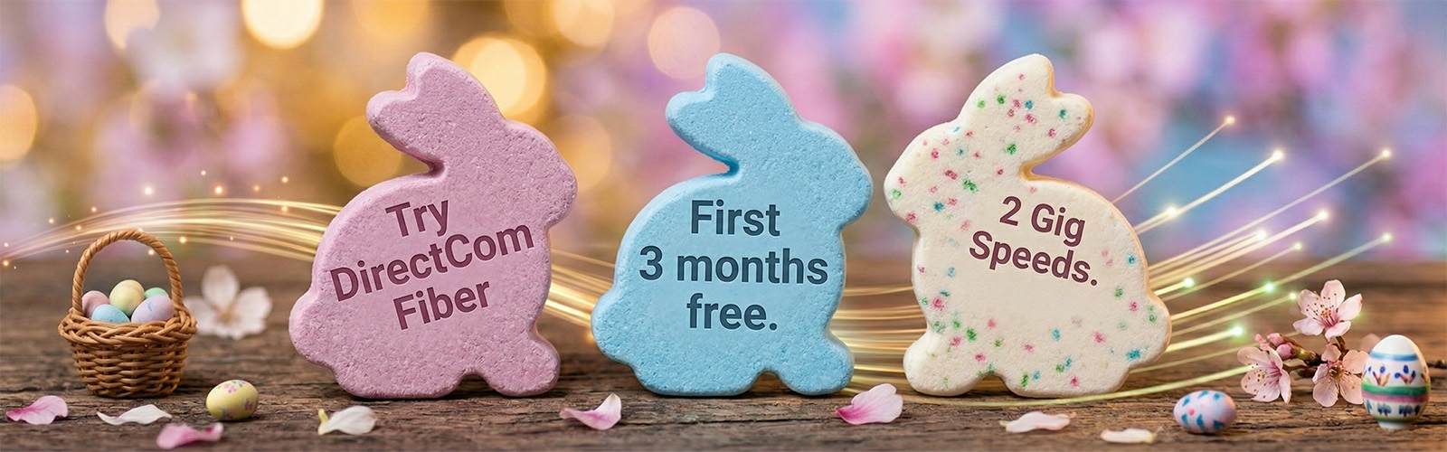 Three pastel, bunny-shaped candies sit on a rustic wooden surface, with glowing fiber optic strands weaving behind them. The background is a soft-focus spring scene featuring Easter eggs, a small basket, and pink blossoms. Text printed on the left pink bunny reads, "Try DirectCom Fiber." Text on the middle blue bunny reads, "First 3 months free." Text on the right white speckled bunny reads, "2 Gig Speeds."