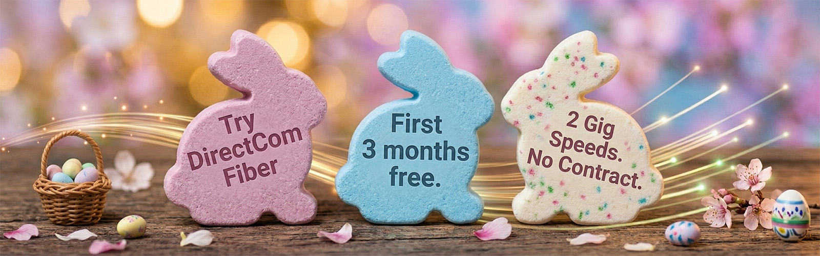 Three pastel, bunny-shaped candies sit on a rustic wooden surface, with glowing fiber optic strands weaving behind them. The background is a soft-focus spring scene featuring Easter eggs, a small basket, and pink blossoms. Text printed on the left pink bunny reads, "Try DirectCom Fiber." Text on the middle blue bunny reads, "First 3 months free." Text on the right white speckled bunny reads, "2 Gig Speeds. No Contract."